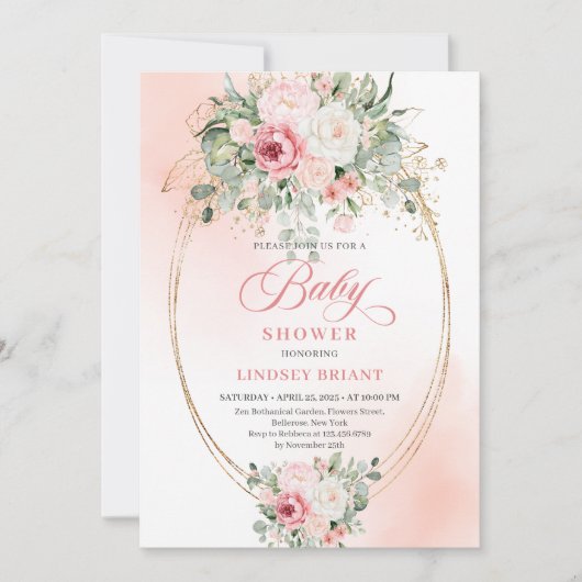 Trendy Boho Blush Rose Greenery Baby Shower Invite 招待状 (正面)