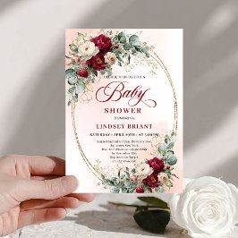 Trendy Boho Burgundy Peony Baby Shower Invitation 招待状