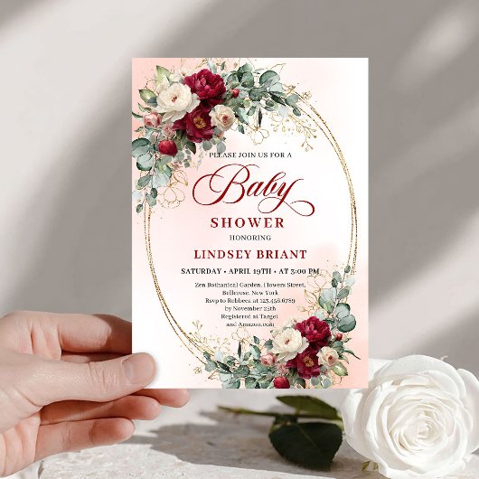 Trendy Boho Burgundy Peony Baby Shower Invitation 招待状