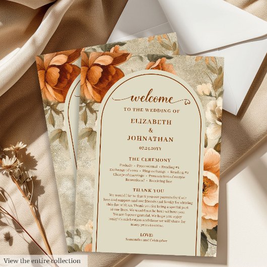 Trendy Boho Burnt Orange Ivory Sage Floral Wedding プログラム