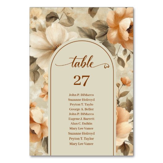 Trendy Boho Copper Ivory Olive Floral Table Number テーブルナンバー (正面)