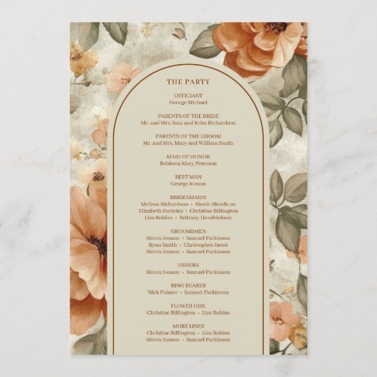 Trendy Boho Copper Ivory Olive Sage Floral Wedding プログラム (裏面)