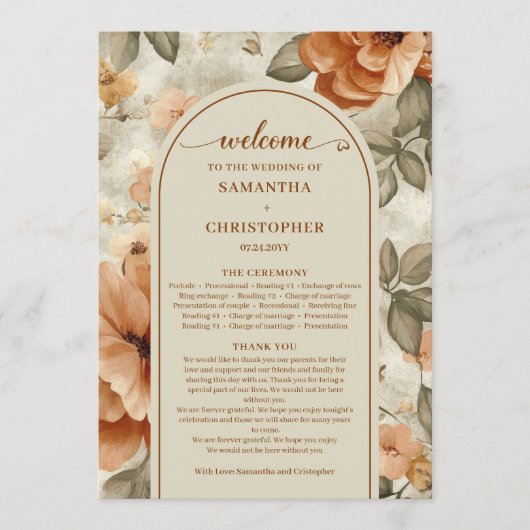 Trendy Boho Copper Ivory Olive Sage Floral Wedding プログラム (正面)
