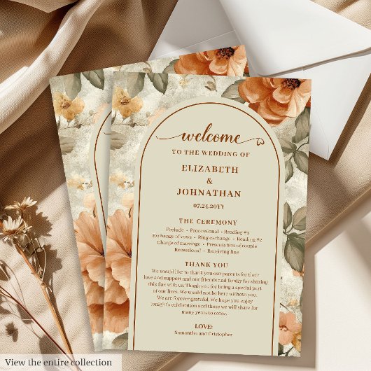 Trendy Boho Copper Ivory Olive Sage Floral Wedding プログラム