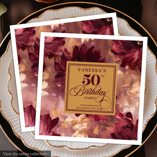 Trendy Boho Dark Red Blush Gold 50th Birthday