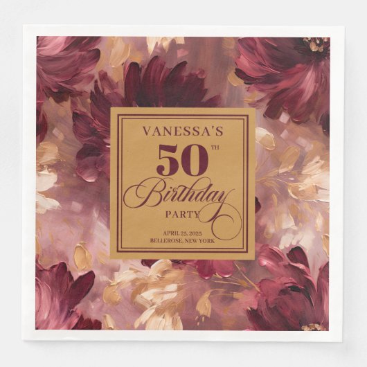 Trendy Boho Dark Red Blush Gold 50th Birthday   (正面)