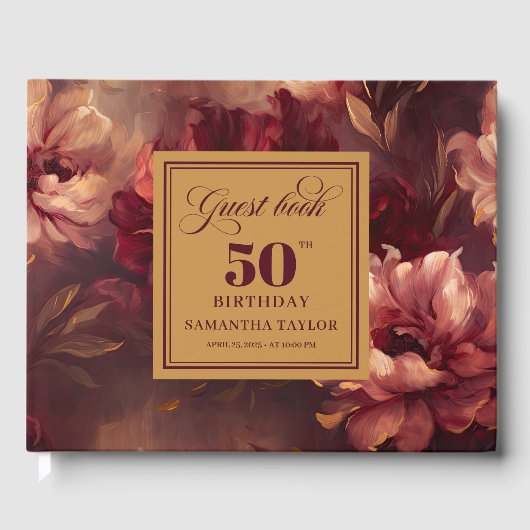 Trendy Boho Dark Red Blush Gold Flowers 50th Bday ゲストブック (正面)