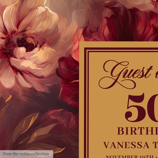 Trendy Boho Dark Red Blush Gold Flowers 50th Bday ゲストブック