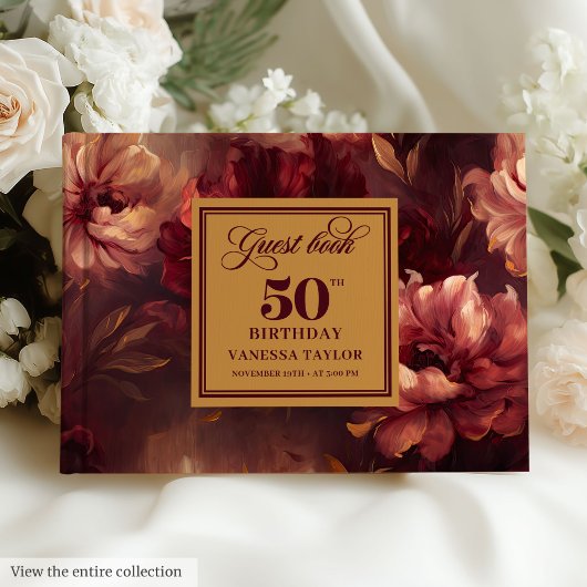 Trendy Boho Dark Red Blush Gold Flowers 50th Bday ゲストブック