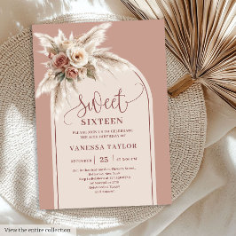 Trendy Boho Dusty Pink Pampas Floral Arch Sixteen 招待状