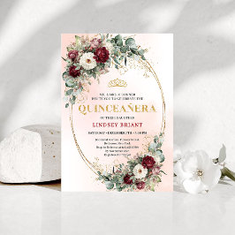 Trendy Boho Maroon Floral Eucalyptus Quince Invite 招待状