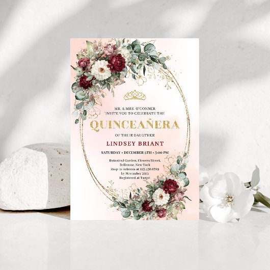 Trendy Boho Maroon Floral Eucalyptus Quince Invite 招待状