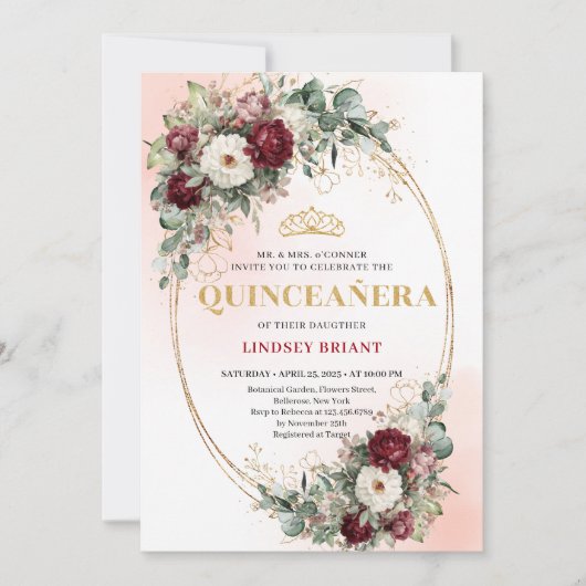 Trendy Boho Maroon Floral Eucalyptus Quince Invite 招待状 (正面)