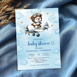 Trendy Boy Shower Teddy Bear Pilot Blue Brown 招待状