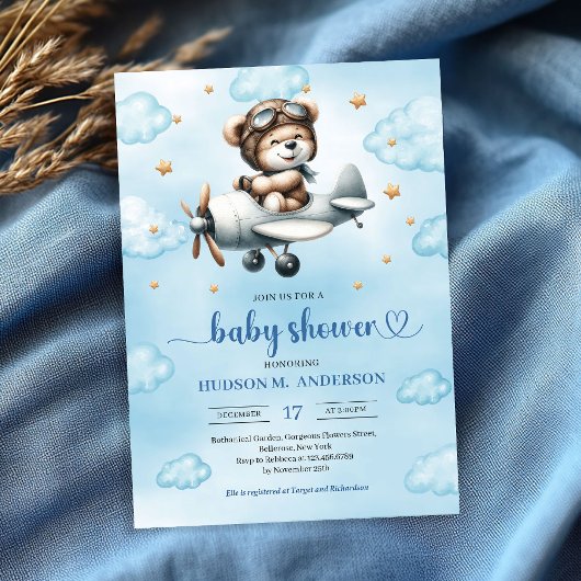 Trendy Boy Shower Teddy Bear Pilot Blue Brown 招待状