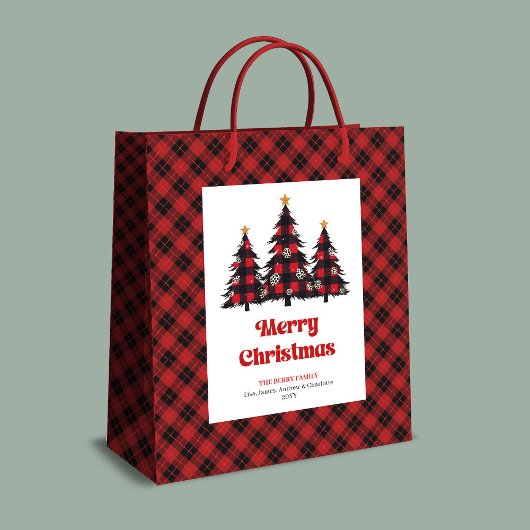 Trendy buffalo plaid Christmas gift bag editable ミディアムペーパーバッグ
