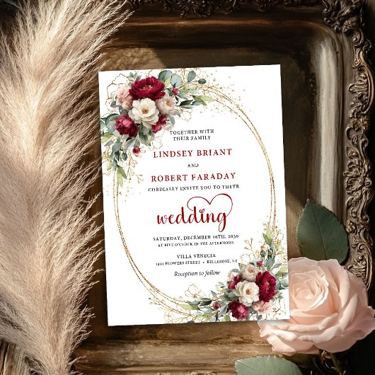 Trendy Burgundy Bohemian Wedding Floral Invite 招待状