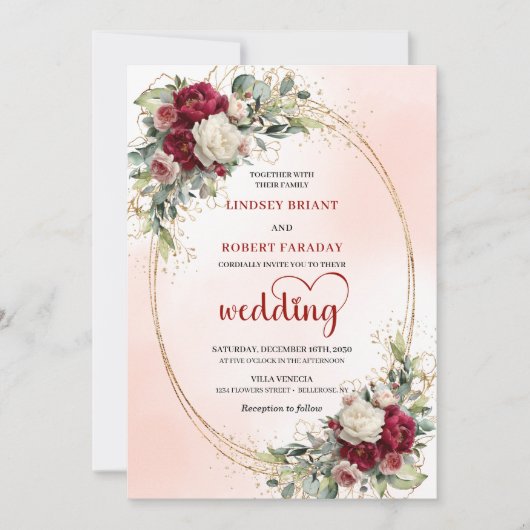 Trendy Burgundy Boho Chic Floral Wedding Invite 招待状 (正面)