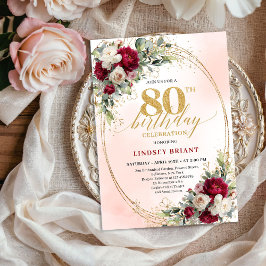 Trendy Burgundy Floral Gold 80th Birthday Invite 招待状