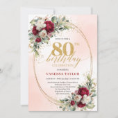 Trendy Burgundy Floral Gold 80th Birthday Invite 招待状 (正面)