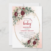 Trendy Burgundy Flowers Eucalyptus Baby Shower  招待状 (正面)