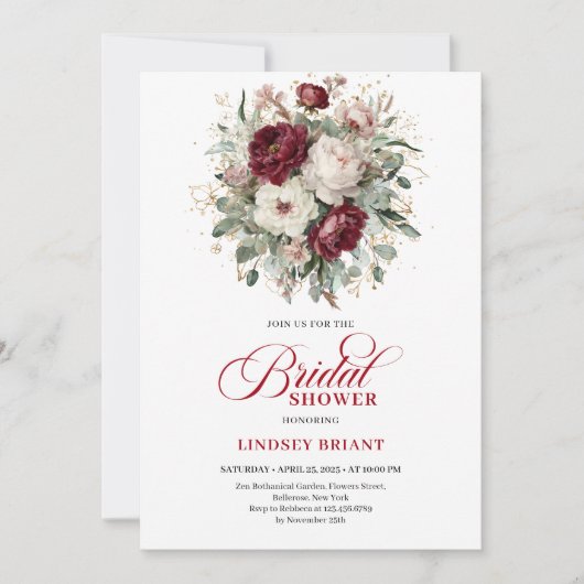 Trendy Burgundy Greenery Bridal Shower Invitation 招待状 (正面)