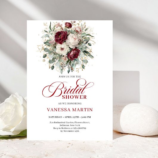 Trendy Burgundy Greenery Bridal Shower Invitation 招待状
