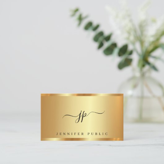 Trendy Calligraphy Script Monogram Glamorous Gold 名刺 (スタンド正面)