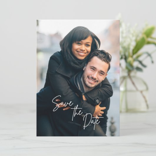 Trendy Calligraphy Script Photo Save the Date 招待状 (スタンド正面)