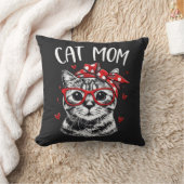 Trendy Cat Mom with Glasses & Bandana Black  クッション (ブランケット)