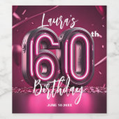 Trendy Chic Vibrant Hot Pink Neon 60th Birthday ワインラベル (シングルラベル)