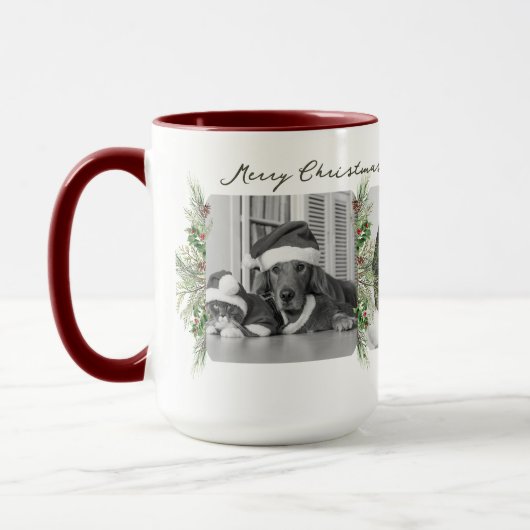 Trendy Christmas Mug | Custom Photo Greenery Frame マグカップ (左)