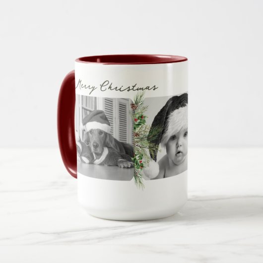 Trendy Christmas Mug | Custom Photo Greenery Frame マグカップ (正面左)