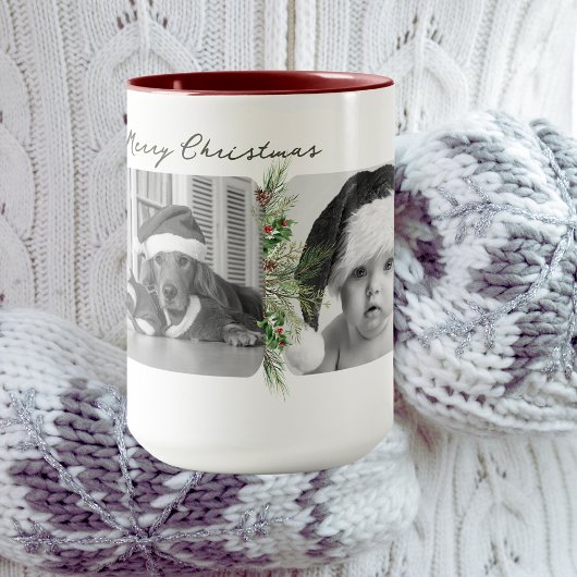 Trendy Christmas Mug | Custom Photo Greenery Frame マグカップ
