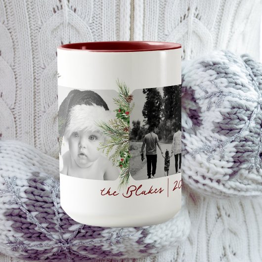 Trendy Christmas Mug | Custom Photo Greenery Frame マグカップ