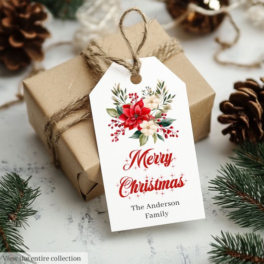 Trendy Christmas Poinsettia Script Font Gift Tag ギフトタグ