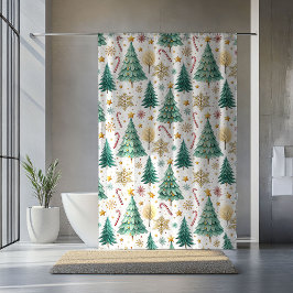 Trendy Christmas Trees and Candy Canes Curtain シャワーカーテン