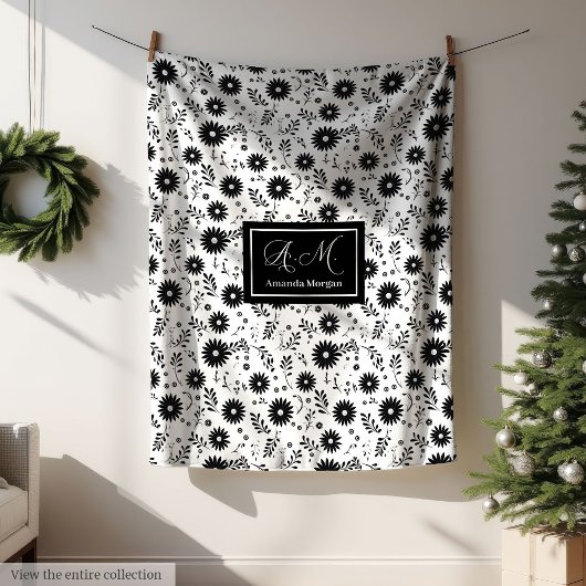 Trendy Colors Custom Blanket Black White Botanical フリースブランケット