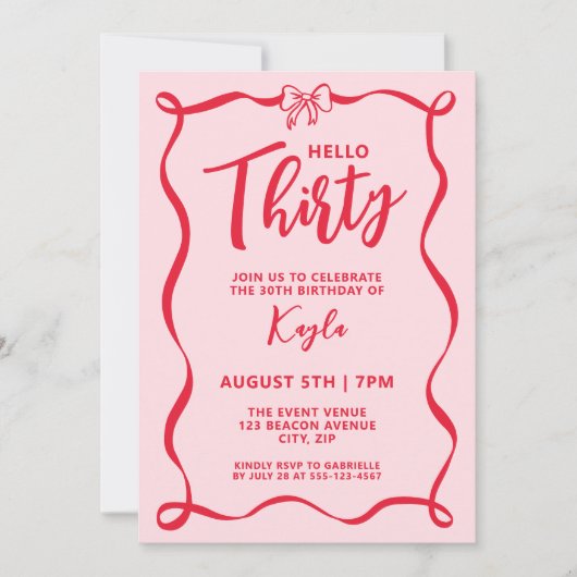 Trendy Coquette Red Bow Hello Thirty 30th 招待状 (正面)