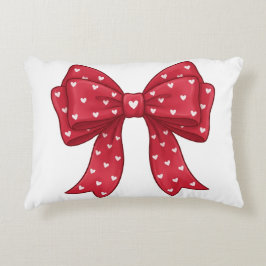 Trendy Coquette Red Ribbon Bow with White Hearts アクセントクッション