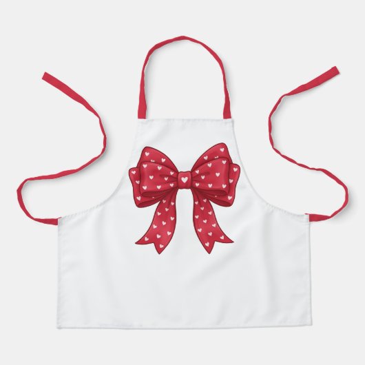 Trendy Coquette Red Ribbon Bow with White Hearts エプロン (正面)
