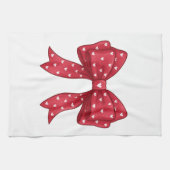 Trendy Coquette Red Ribbon Bow with White Hearts キッチンタオル (横)
