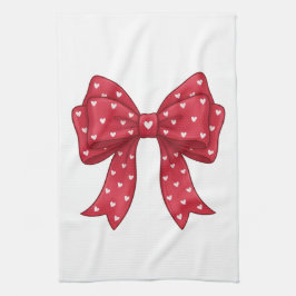 Trendy Coquette Red Ribbon Bow with White Hearts キッチンタオル