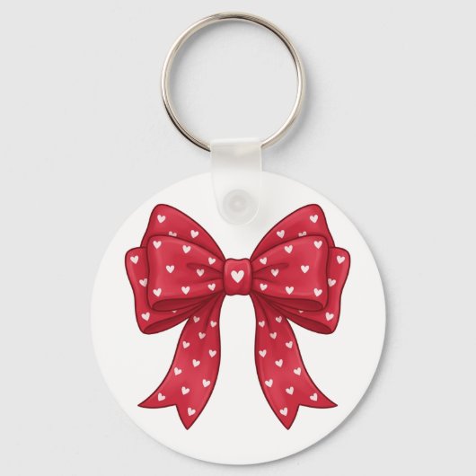 Trendy Coquette Red Ribbon Bow with White Hearts キーホルダー (正面)