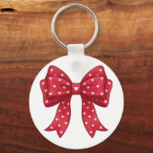 Trendy Coquette Red Ribbon Bow with White Hearts キーホルダー (正面)