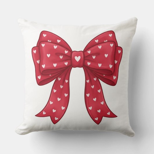 Trendy Coquette Red Ribbon Bow with White Hearts クッション (正面)