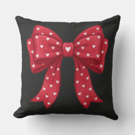 Trendy Coquette Red Ribbon Bow with White Hearts クッション