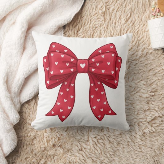 Trendy Coquette Red Ribbon Bow with White Hearts クッション (ブランケット)