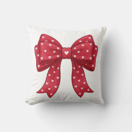 Trendy Coquette Red Ribbon Bow with White Hearts クッション