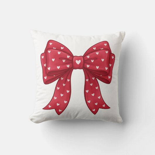Trendy Coquette Red Ribbon Bow with White Hearts クッション (正面)